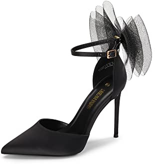 DREAM PAIRS Dam högklackade band stängd tå stilett spetsig tå nät bågar ankelrem D'Orsay sexig klänning bröllopsfest pumpskor, Svart, 42 EU
