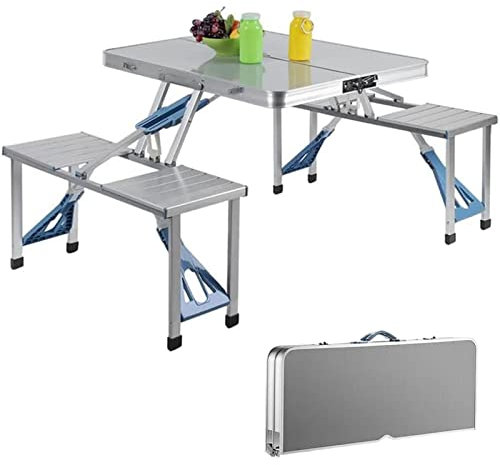 ASQUAR Campingtisch Klappbar Camping Tisch Stuhl Set Picknicktisch mit 4 Stühlen, Klapptisch for Outdoor, kann einen Sonnenschirm einsetzen, Aluminiumlegierung, Wetterfest