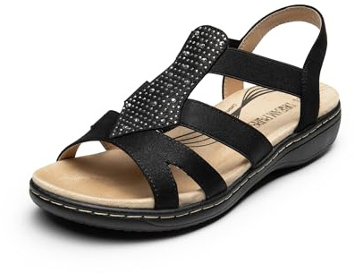 DREAM PAIRS Women's Comfortable Arch Support Dressy Flat Sandals Elastic Open Toe Walking Shoes for Summer,Size 10,Black,SDFS2420W