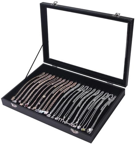 Bigingjia Jewellery Organiser and Necklace Box with Velvet Touch and Clear Lid,Necklace Organiser - 20 Hook Display Stand and Lockable Security,Necklaces Holder Tray for Jewellery Box.