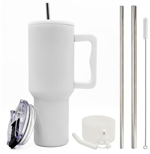 FloweryOcean Gobelet à café à emporter 1200 ml - Double paroi en acier inoxydable - Avec poignée et paille - Tasse thermique pour voiture - Tasse à café pour boissons chaudes et froides - 05 - Blanc