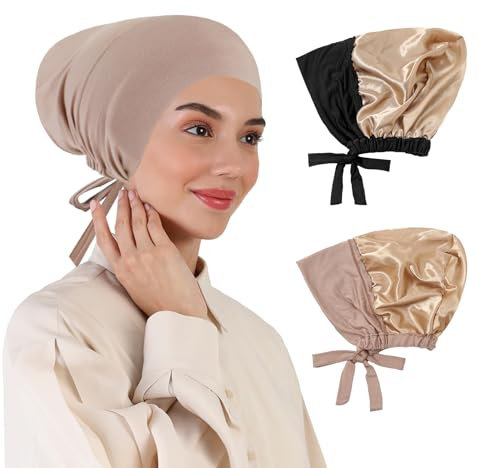 XEPST 2 STÜCK Hijab Undercap für Damen, Satin-Unterkappe, Islamische Muslimische Unter-Kappe, Modale Kopfwickel, Krawattenhaube, Turbane, Chemohut, Schlafmütze, Schwarz+Khaki
