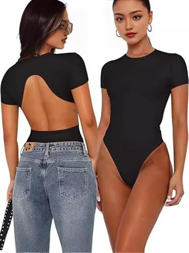 Hanaoops Body para Mujer Manga Corta Bodysuit Basic Top Cuello Redondo Bodys Sexy Sin Espalda Body Suit Elegante Elástico Mono Camiseta Shirts Color Sólido Leotardo Going Out Tops