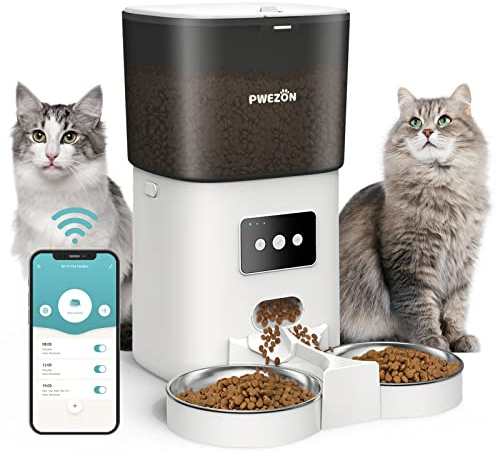 Automatic Cat Feeder, 2.4G WiFi 6L Cat Food Dispenser, Cat Feeder Automatic with Timer, 2 Stainless Steel Bowls, Low Food Alarm, 10s Voice Recording, Up to 20 Portions 15 Meals Per Day for Cats