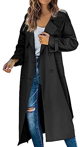 KBOPLEMQ Giacca da mezza stagione da donna, trench doppiopetto, oversize, lungo, leggero, parka con cintura, primavera, antivento, estivo, transizione, elegante, cappotto primaverile, O nero., M