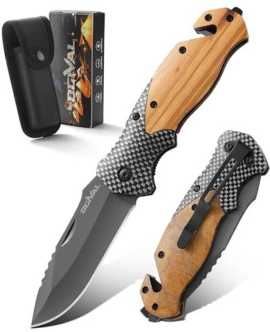 Ogival Klappmesser (Zweihandmesser),Taschenmesser mit Holzgriff und Nylonscheide,Edc Messer mit Taschenclip,für Camping, Wandern