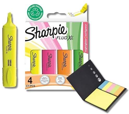 Sharpie Chisel Tip Highlighter Pens | 4 Count Highlighter Multipack Set + Sticky Notes
