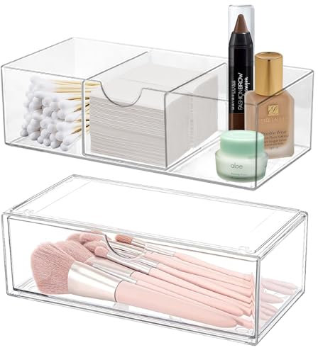 WANDGU Scatola Portaoggetti Trasparente per Trucco: Set di 2 Organizer per Cosmetici con Cassetti e 3 Scomparti, Impilabile Organizer per Trucco per Toilette, Camera da Letto, Bagno