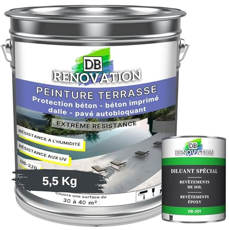 DB Rénovation PEINTURE SOL TERRASSE Extérieur pour béton, pavé - Forte protection UV - Haute imperméabilité - Passage fréquent - Gris anthracite 5,5KG + 1L Diluant