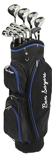 Ben Sayers M8 13-Piece Golf Package Set | Complete Mens Set | Full 12 Clubs Graphite/Steel Shafts with Cart Bag | Driver, Woods, Hybrids, Irons, Wedges & Putter (Right Hand - Black/Blue)