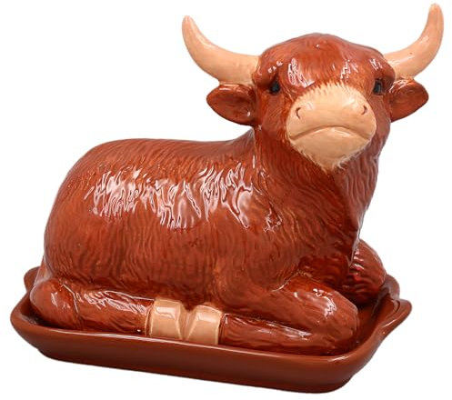 The Leonardo Collection Highland Cow Butter Dish | Decorative Ceramic Butter Keeper with Rustic Farmhouse Design | Covered Butter Storage for Breakfast, Brunch or Everyday Kitchen Use