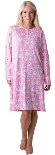 Camille Organic Cotton Women's Nightie | Knee Length Lightweight Ladies Cotton Nightdress, Relaxed Fit Traditional Nighty with Long Sleeves