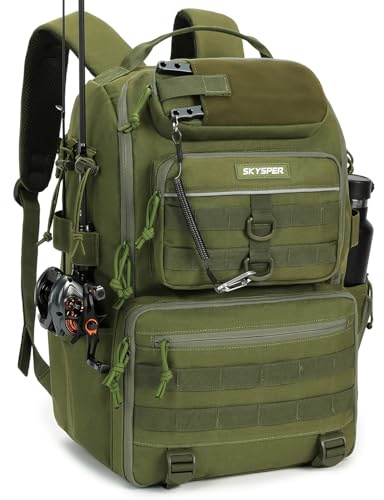 SKYSPER Angelrucksack mit Rutenhalter, 40-Liter Angeln Rucksack mit Verstellbarem Fach für Angeln