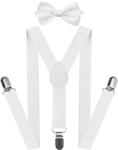 White Suspenders Kids Bow Tie Set Boys Girls Communion Baptism 30 Inch