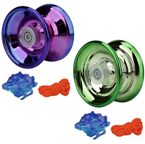 Professional Metal Yo-Yo Set, 2-Pack Purple and Green, with Spare Strings and Rings for Tricks