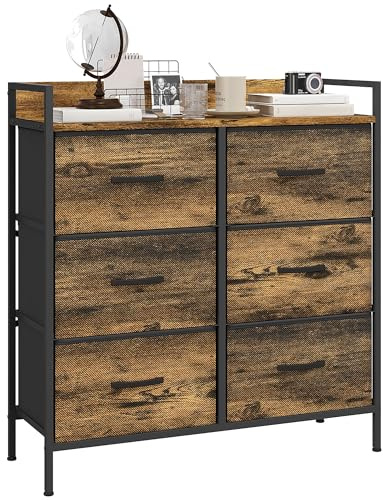 HOMCOM Cómoda con 6 Cajones de Tela Plegables, Cómoda para Dormitorio Industrial con Estante Abierto, Marco de Acero, Cajonera para Espacios Pequeños, Sala de Estar, Vestidor, Baño, Marrón Rústico