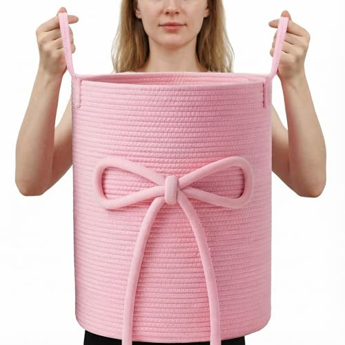 Glooglitter Pink Bow Laundry Basket Large Cotton Rope Storage Basket 16'' x 22'' Woven Laundry Hamper with Handles for Clothes Blanket Pillow Towels Living Room Bathroom Decor