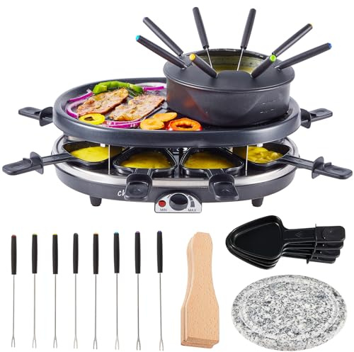 Electric Fondue Pot Set, 1300ML Fondue Pot with Grill Plate, 8 Color-Coded Forks, 8 Non-Stick Pans, Adjustable Thermostat Fondue Grill Combo for Chocolate, Cheese, Grilling for 8 People Parties