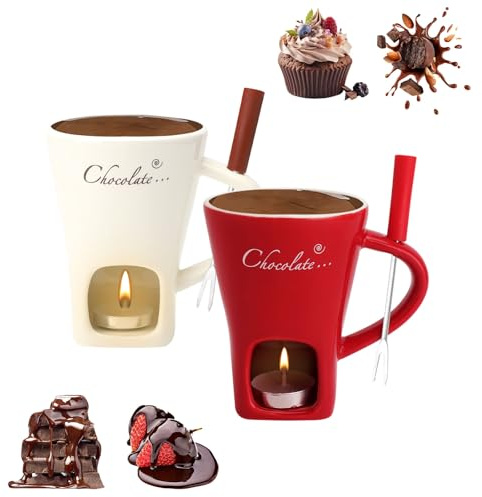 2 tazze per fonduta di cioccolato in ceramica, 130 ml, con porta candeline, forchette, fonduta di cioccolato, fonduta di cioccolato, fonduta di cioccolato, fonduta di cioccolato, formaggio, burro