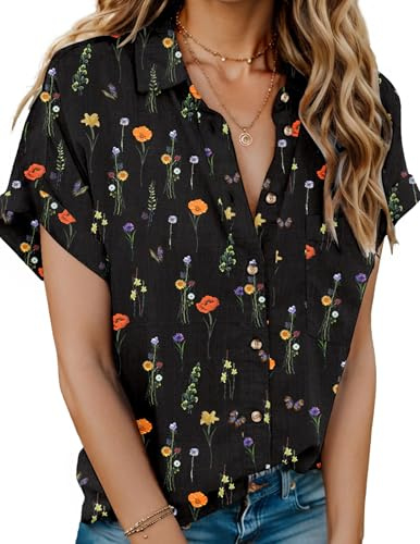 Hotouch Chemisier pour Femme 100% Coton à Manches Courtes Chemise Décontracté Col en V Blouse Solide Élégant Chemise Lin avec Poche Business Tops