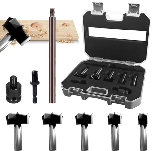Forstner - Set di punte per legno, Ø 15 – 20 – 25 – 30 – 35 mm, Forstner per legno, set di punte per legno, per legno, truciolato con asta da 150 mm, 2 connettori