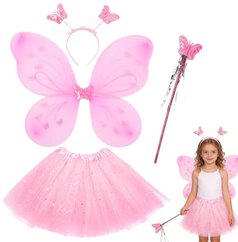 FCXVXCL Ailes Papillon Déguisement Fée Papillon Ailes Fée Enfant Déguisement Princesse Fille Baguette Magique Ailes Serre Tête et Tutu pour Enfants Carnaval Cosplay Party Rose