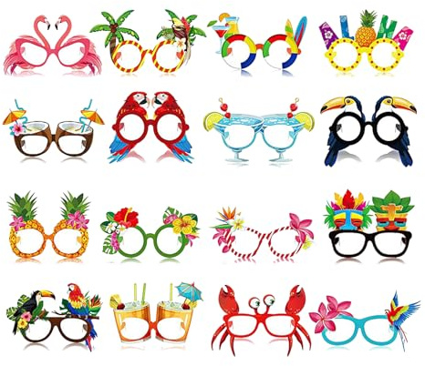 LYhsmg Hawaiian Party Glasses 16 Pack, Tropical Photo Booth Props, Funny Paper Eyeglasses for Beach Pool Party Decorations, Luau Tiki Summer Birthday Carnival Fancy Dress Supplies