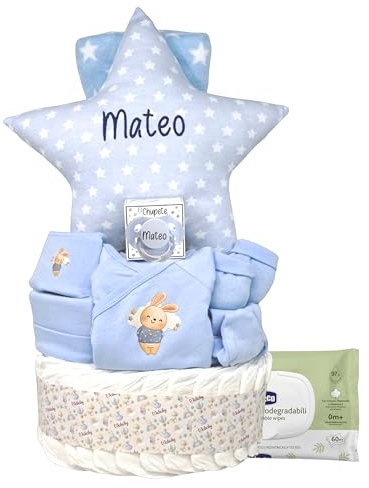 Mababyshop Tarta Stars, Pastel De Pañales Personalizado Con Nombre, Cojín Estrella Bordado Y Chupete Personalizado, Regalo Para Bebé Recién Nacido (Azul)