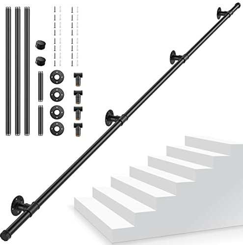 Pasamanos Escalera, 3M Pasamanos para Escaleras Interior Exterior, Pasamanos Negro con tubo de acero Galvanizado Industrial Antideslizante, Barandilla Escalera para Cocina Baño Jardín