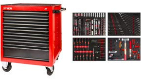 STIER Werkstattwagen bestückt, 241-tlg, 179-tlg Steckschlüsselsatz, 17-TLG Schraubendreher & Zangensatz, 27-TLG Ringmaul- & Doppelringschlüsselsatz, 18-TLG Werkzeugsatz