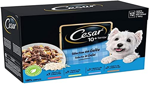 CESAR Repas pour Chien Senior - 48 Sachets Fraîcheur (Lot de 4 Packs 12x100g) - Pâtée pour Chien en Gelée - Boeuf/Poulet/Agneau/Dinde - Nourriture Complète & Equilibrée avec Ingrédients Naturels