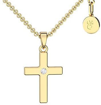 Amoonìc Kreuz Kette Mädchen Gold (Silber 925 vergoldet) | Kreuz-Anhänger Halskette | Kinder-Schmuck Erst-Kommunion Tauf-Geschenk Konfirmation Firmung Geburt Taufe | Individuelle Gravur