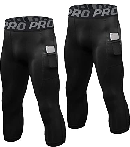 LNFINTDO Paquete de 2 mallas de compresión 3/4 para hombre con Pokects Cool Dry para correr, gimnasio, ciclismo, entrenamiento, pantalones capri, 2 negros., L