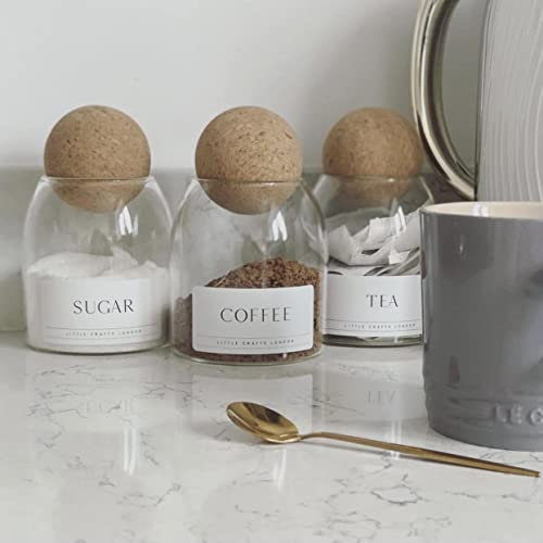 Little Crafts London Set of 3 Cork Ball Glass Jars 500 ML Tea, Coffee & Sugar Set | Kitchen Food Storage Tea Coffee Sugar canister glass jars with cork ball lid | Cork Ball Jar Set