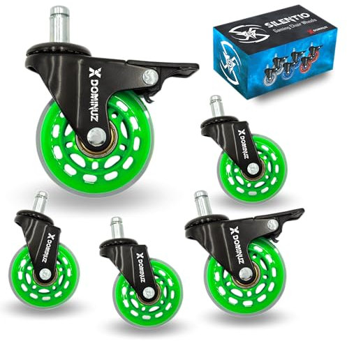 XDominuz Silentio - Lot de 5 roulettes Silencieuses pour Fauteuil de Gaming - 2 avec Frein et 3 Libres - pour Parquet et Surfaces Délicates - Ultra-Silencieux - Vert