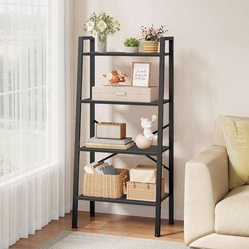 Hoctieon 4-Tier Industrial Ladder Bookshelf, Narrow Ladder Shelf, Tall Standing Bookshelf, Skinny Open Ladder Shelf, for Living Room, Home Office, Kitchen, Bedroom, Metal Frame, Black
