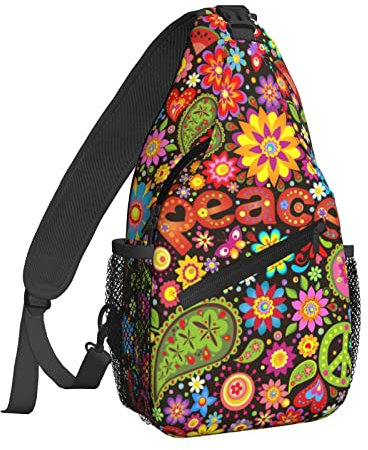 NiuKom Schultertasche für Damen, Umhängetasche, lässiger Tagesrucksack, Rucksack, Herren, Brusttasche, Fitnessstudio, Radfahren, Reisen, Wandern, Hippie-Symbolisch, buntes Blumenmuster, Einheitsgröße,