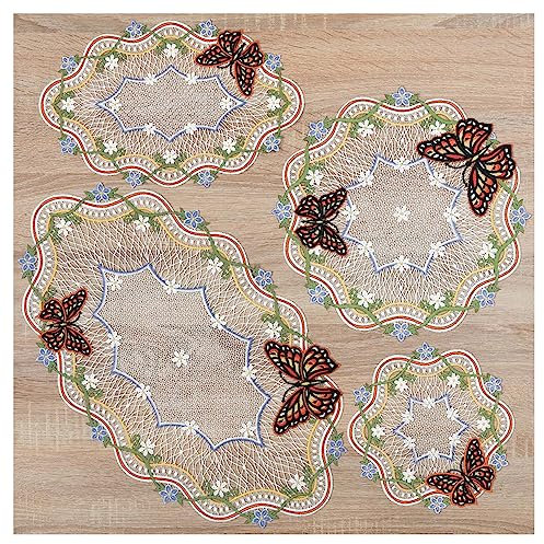 DSD Design-Studio Drechsler Deckchen Fiona Echte Plauener Spitze 4er Set sommerliche Tischdecken mit kleinen Blüten und Schmetterlingen bunt