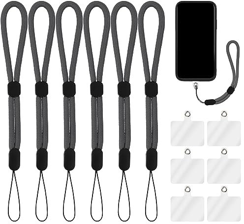 Cobee Correa de mano con parche Tether, 6 correas ajustables de nailon con 6 almohadillas transparentes para teléfono móvil, correas de mano para teléfono móvil, cámara, llaves (gris)