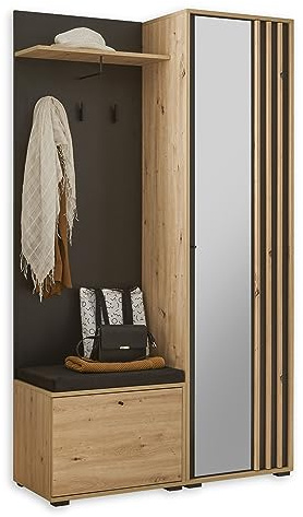 Stella Trading VOLANO Flurgarderoben Set in Artisan Eiche Optik, Schwarz - Moderne Kompaktgarderobe mit Spiegel für Ihren Eingangsbereich - 114 x 197 x 40 cm (B/H/T)