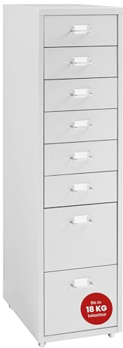 [en.casa] Rullbehållare Kökar lådskåp metall arkivskåp med 8 lådor kontorsvagn med hjul för arbetsrum 109 x 28 x 41 cm vit