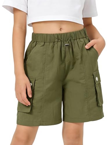 Rolanko Enfant Shorts Fille Sport Actif Èté Cargo Bermudas Shorts pour Ado Course Gym Pantalon Court Parachute, Vert, Taille: 11-12 Ans/160