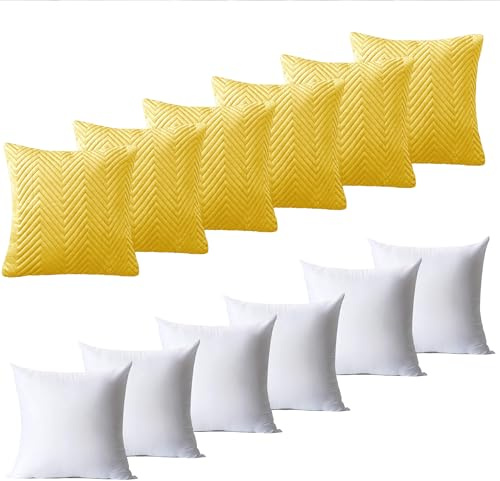 BedLooms Cushions with Covers Included 45 x 45 cm Set of 12 (6 Ochre Cushion Covers, 6 Cushion Inserts) Ultrasonic Square Throw Pillow Cases Decorative Sofa Cushion with Invisible Zipper