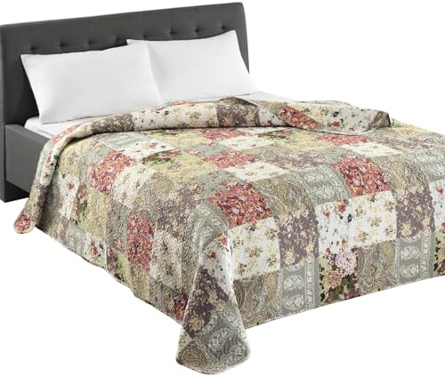 Colcha Dakota de estilo patchwork en diseño vintage, cubrecama para cama individual en estilo patchwork, 140 x 210 cm