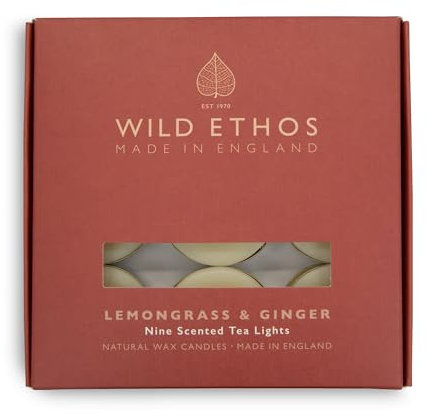 Wild Ethos Scented Tea Lights - Natural Wax - Long Lasting & Blended Natural Essential Oils - Pack of 9 - Made in The UK - Select Your Scent (Lemongrass & Ginger)