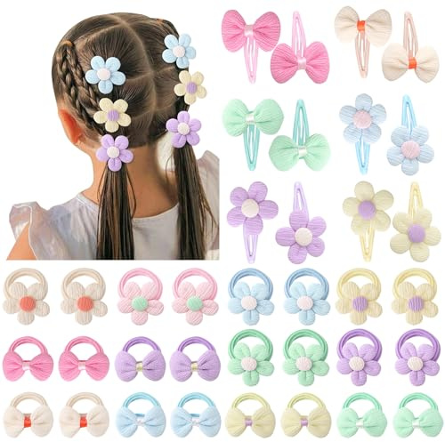 DRESHOW Haarschmuck für Kleinkinder Haarspangen Schleifen und Blumen mit Weichem Nahtlosem Elastische Pferdeschwanzhalter Baby-Haargummis Elastische für Kleine Mädchen Kleinkinder Kinder Jugendliche