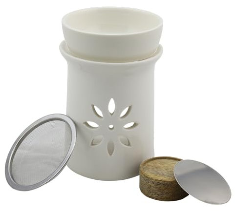 Keramik Duftlampe & Räucherstövchen „Sternenblume“ – H 11/13 cm, inkl. Schale, Edelstahlsieb & Podest – Für Duftöle, Weihrauch & Kräuter | Incense Burner