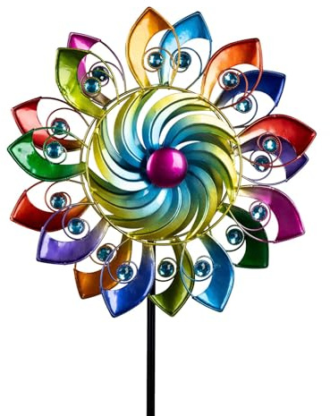 Formano Roue à vent colorée en forme de fleur en métal pour jardin - 124 cm - Fleur en métal pour décoration extérieure - Fleur à planter - Défense contre les pigeons et les oiseaux - Pierres en