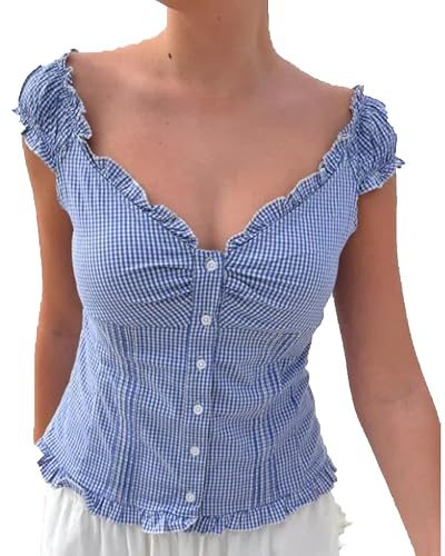 Cusghjbsg Women Y2K Ruffle Top Casual Solid Color V Neck Cap Sleeve Button Down Slim Fit Frill Shirts Summer Fairy Grunge Babydoll Blouse (Navy Blue B, S)