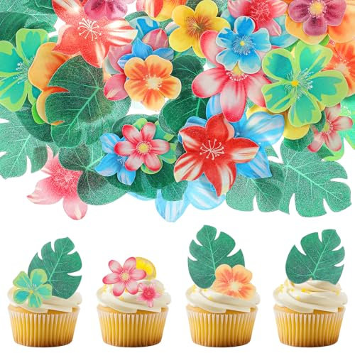 60 Stück Tortendeko Blumen Essbar, Essbare Tropische Schildkrötenblätter Cupcake Topper Kuchen Deckel Esspapier Blüten für Torten Dschungel Tortendeko Hochzeit Geburtstag